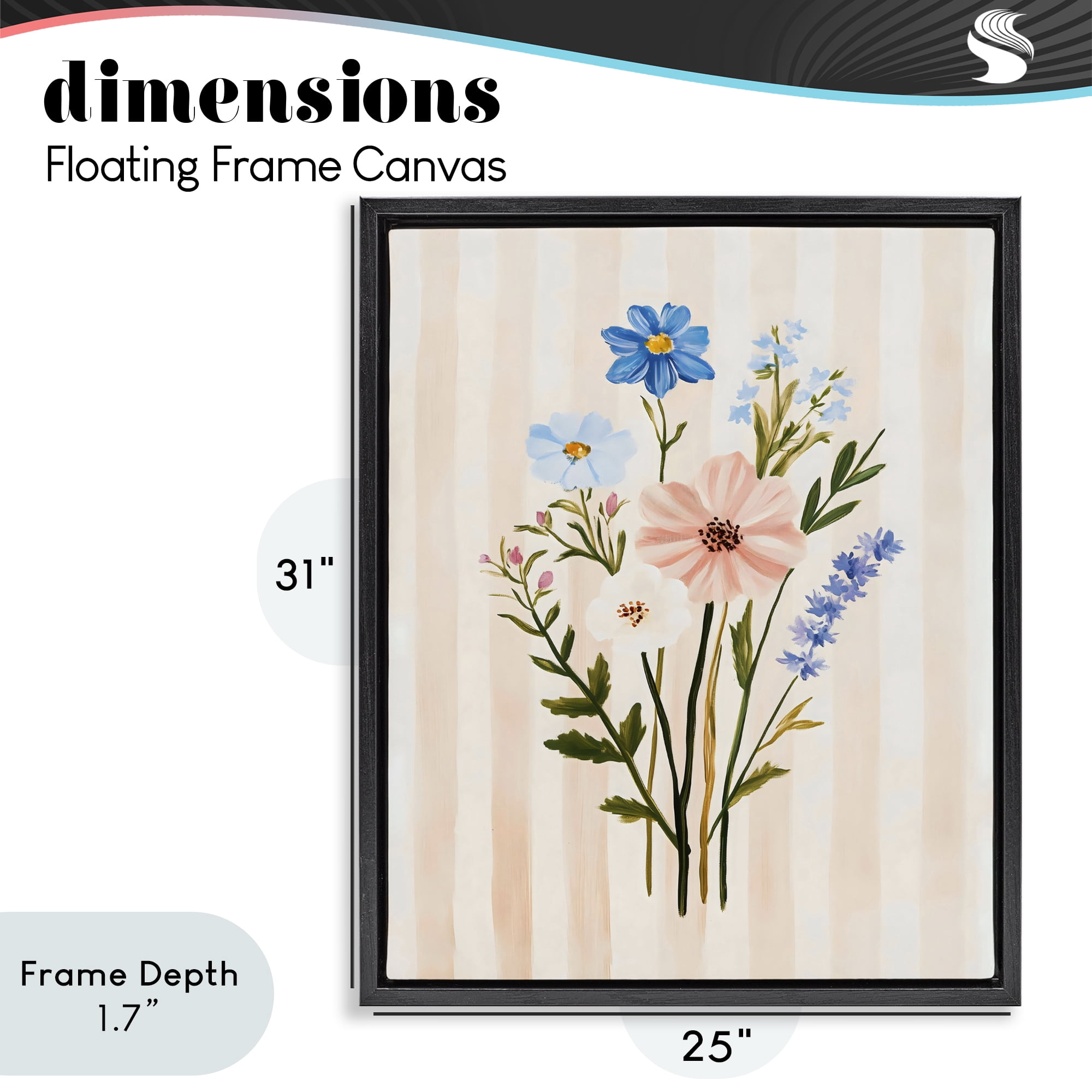 Stupell Industries Cream Stripe Florals Black Framed Floater Canvas Wall Art, design by The Prints Vibe