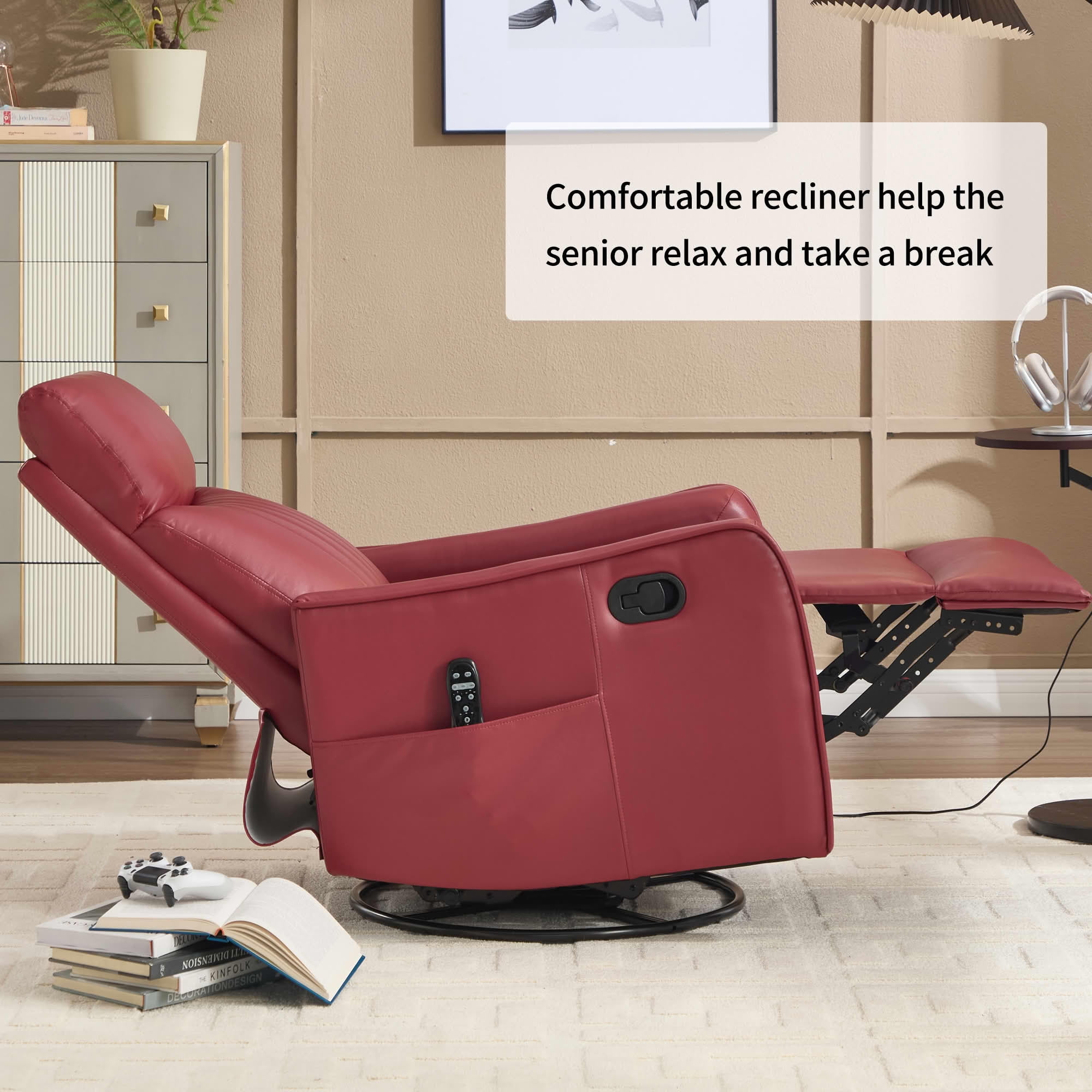 MAYEERTY Red Faux Leather Heat Massage Recliner Chair, 360° Swivel Rocker 26"x35"x39" for Living Room