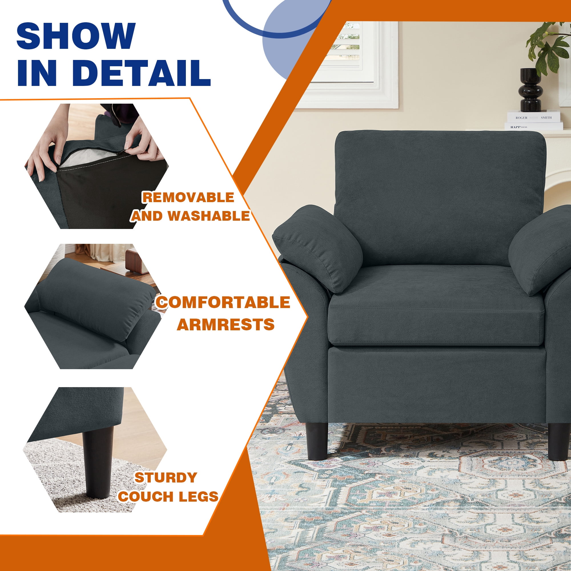 Soscana Living Room Furniture 2 Piece Set,Sectional Sofa Couch with Storage Ottoman and Accent Chair,Dark Gray