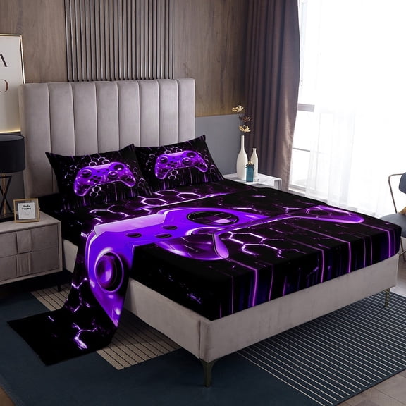 Erosebridal Gamer Gaming Sheet Set Twin , Purple Gamepad Bedding Sets Twin Size, Gradient Neon Stripe Room Decor 3-Piece