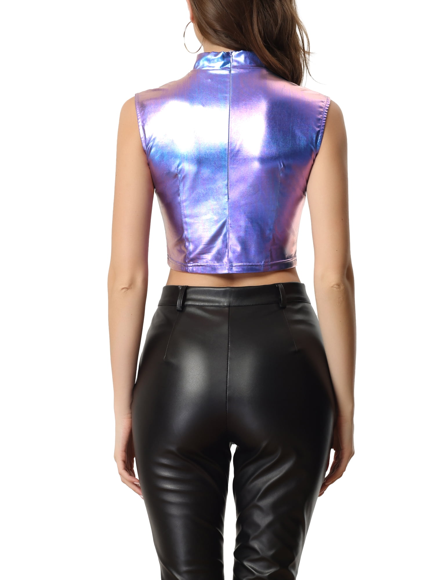 INSPIRE CHIC Women's Shiny Sleeveless Holographic Metallic Crop Top S Blue Purple
