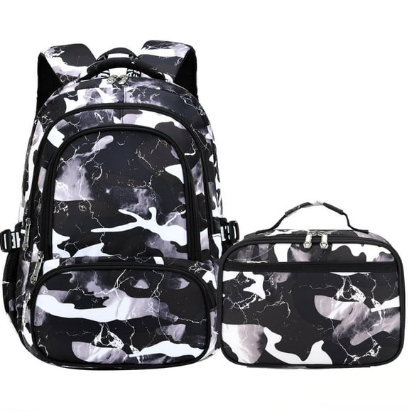 XLERHAZO School Backpack Lunch Box Set Water Repellent Casual Daypack Lightweight Bookbags for Kids (A-style Camo Black)
