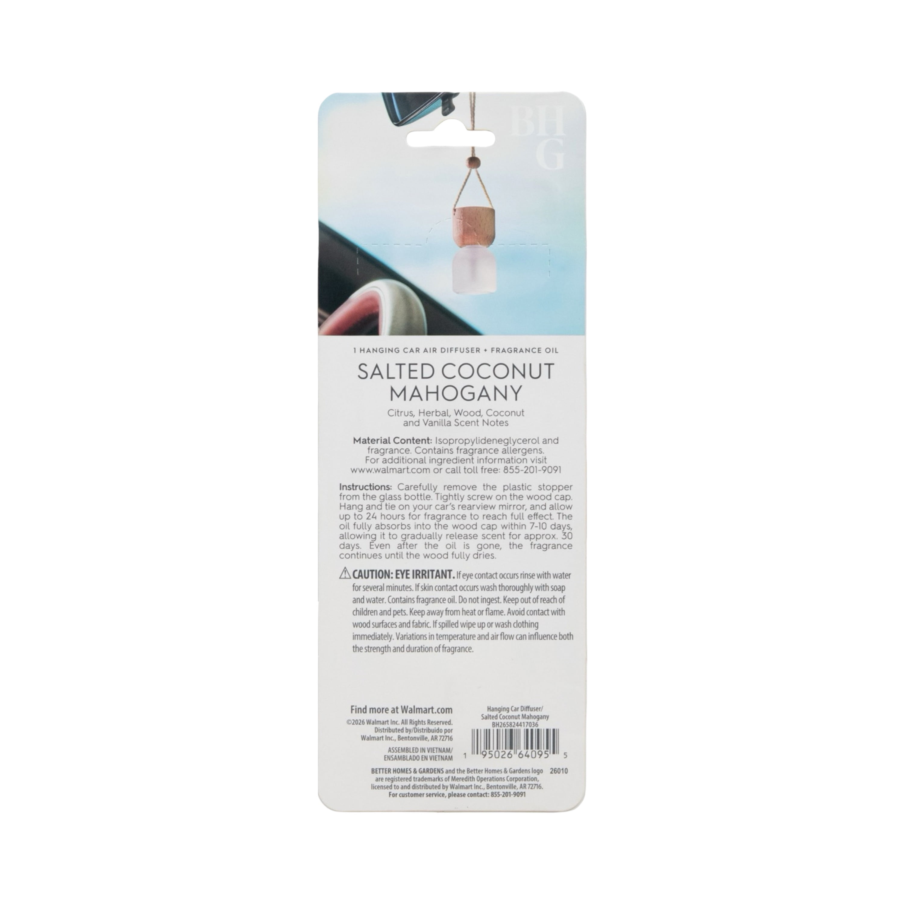 Better Homes & Gardens Salted Coconut Mahogany Scented Hanging Car Diffuser, 0.3 fl (8 ml)