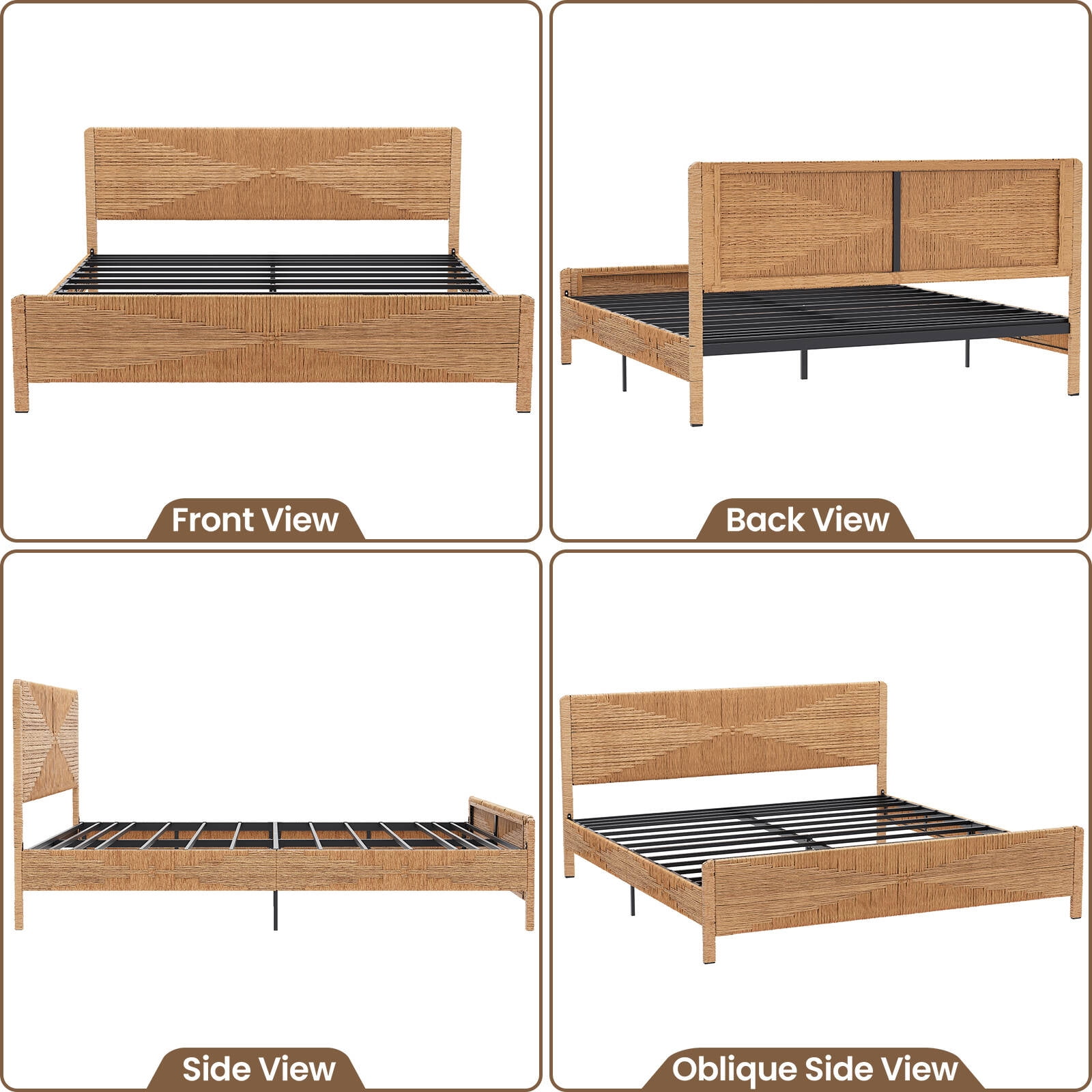 Brafabhome Bohemian King Bed Frame with Hand-Woven PE Rattan Headboard and Footboard, No Box Spring Needed, 1000lbs
