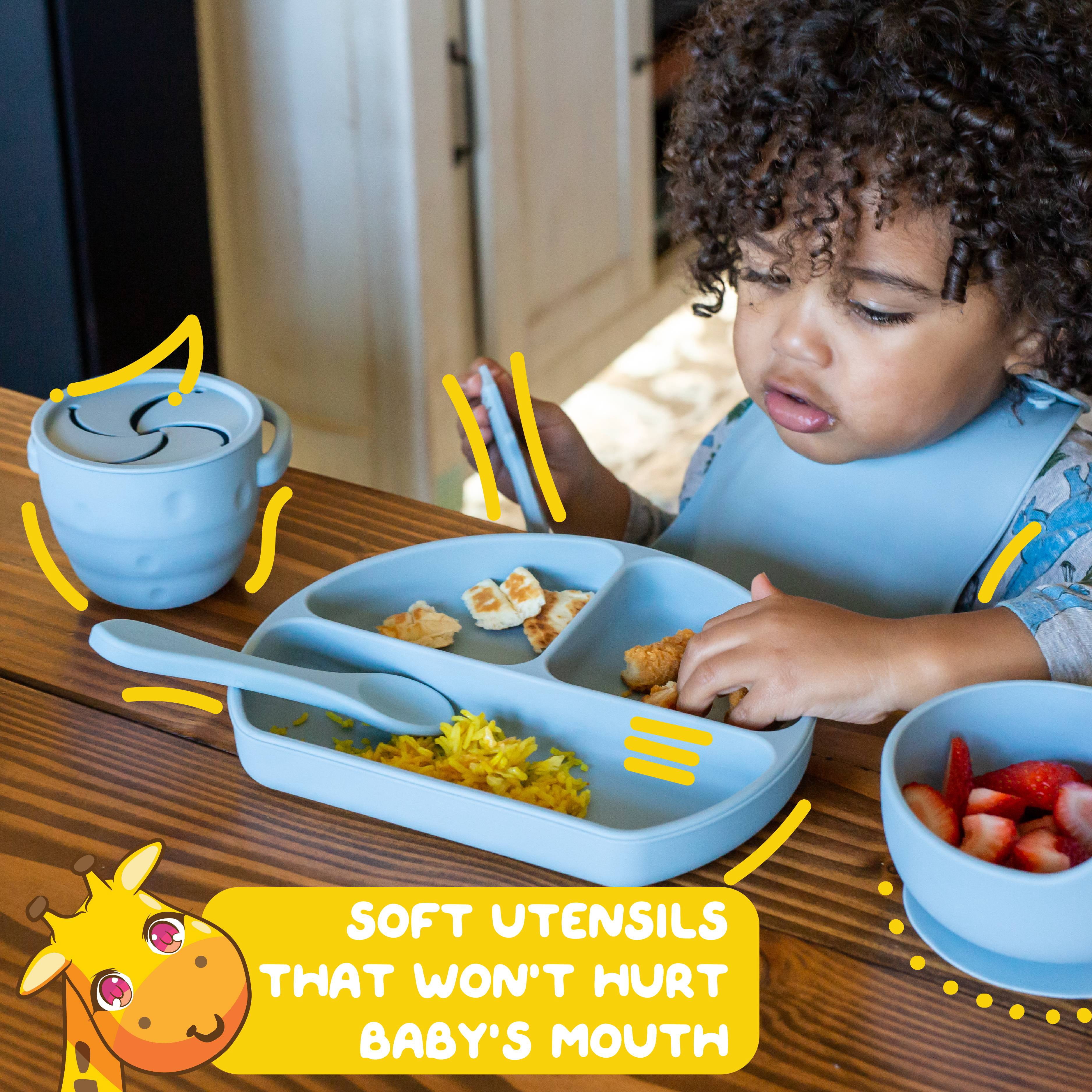 Muqee Peeko Carolina Blue Silicone Baby and Toddler Self-Eating food Plates Set with Utensils (8 Piece Set)