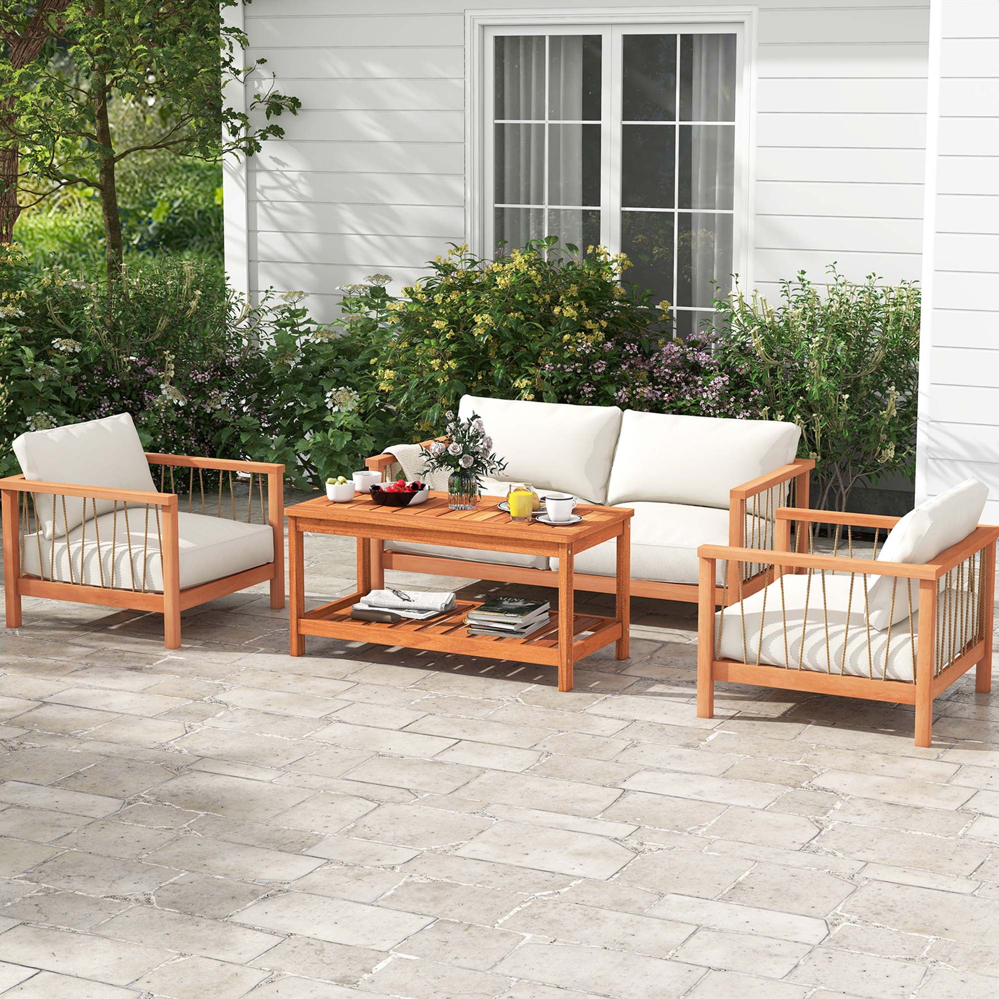 Costway 2-Tier Outdoor Solid Wood Coffee Table