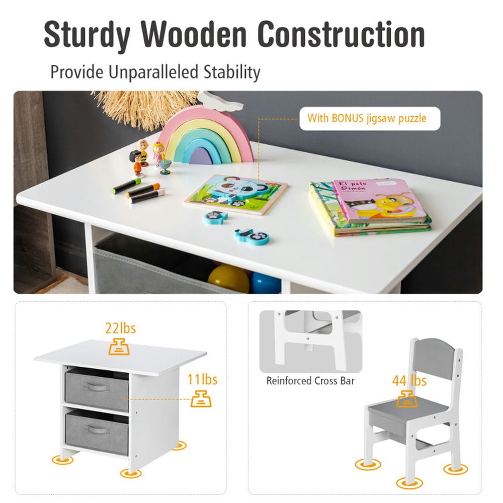 Spaco Wooden Kids Table and Chairs with Storage Baskets Puzzle, Toddler Table and Chair Set for Arts & Crafts, Snack Time, Homeschooling, Homework