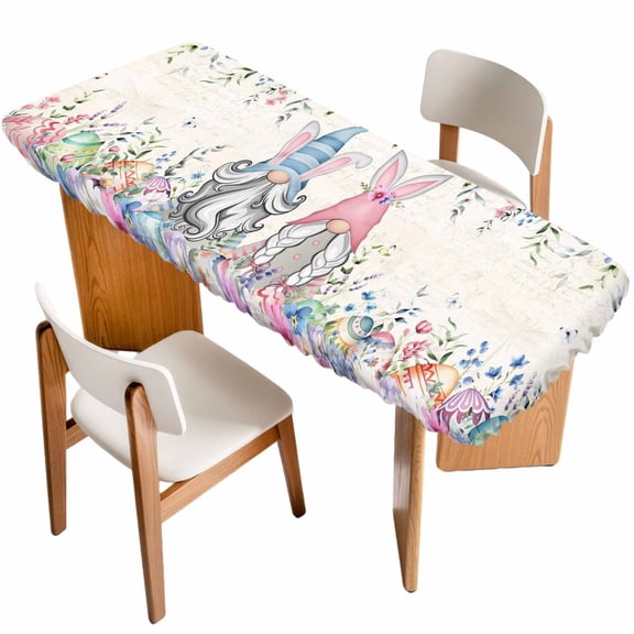 Gnomes Easter Table Cloths for 8 Foot Rectangle Tables, Colorful Spring Floral Weeping Eggs Retro Art Patio Waterproof Elastic Fitted Tablecloths, Washable Rectangular Table Cover for Camping