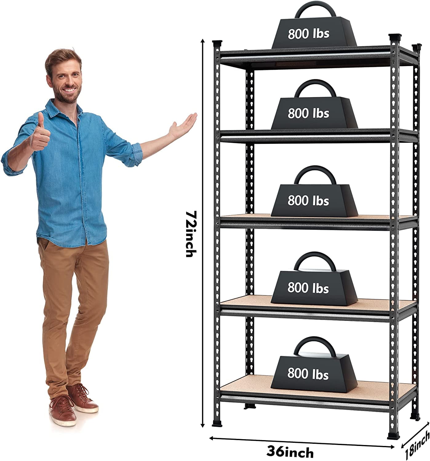 WORKPRO 5-Tier Metal Storage Shelving Unit, 36”W x 18”D x 72”H, Adjustable Storage Rack Heavy Duty Shelf with Particle Board, 4000 lbs Load Capacity (Total) for Garage Warehouse, Black/Silver, W082093