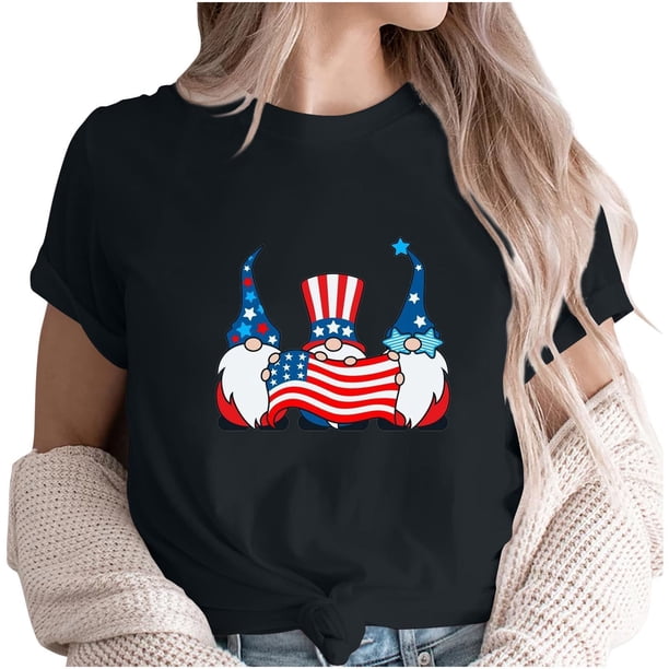 Camiseta de Cuello de la Tripulación de la Impresión Del Día de la Independencia de las Mujeres, Camiseta Casual Elegante para las Mujeres