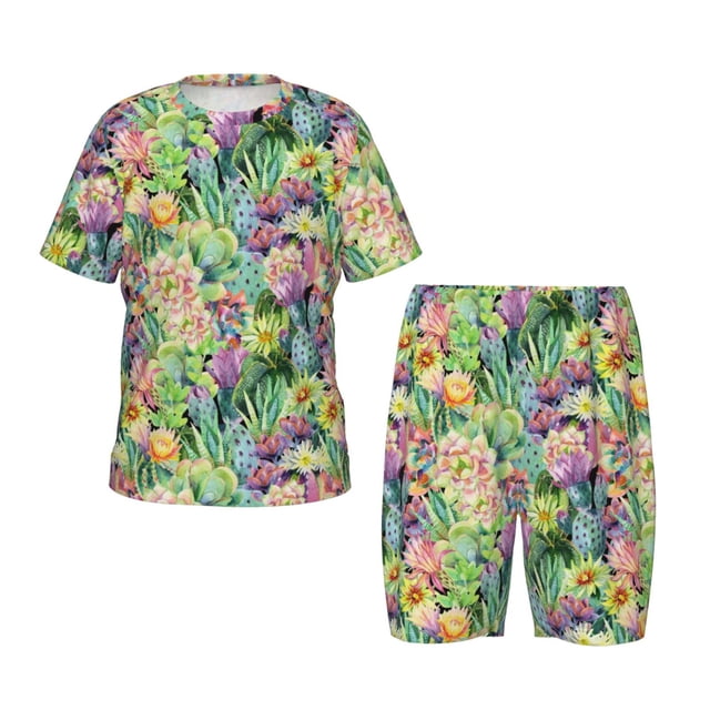 Balery Watercolor Blooming Cactus Conjunto de Pijama Infantil de Manga Corta con Estampado – Ropa de Dormir de Algodón Suave-Small