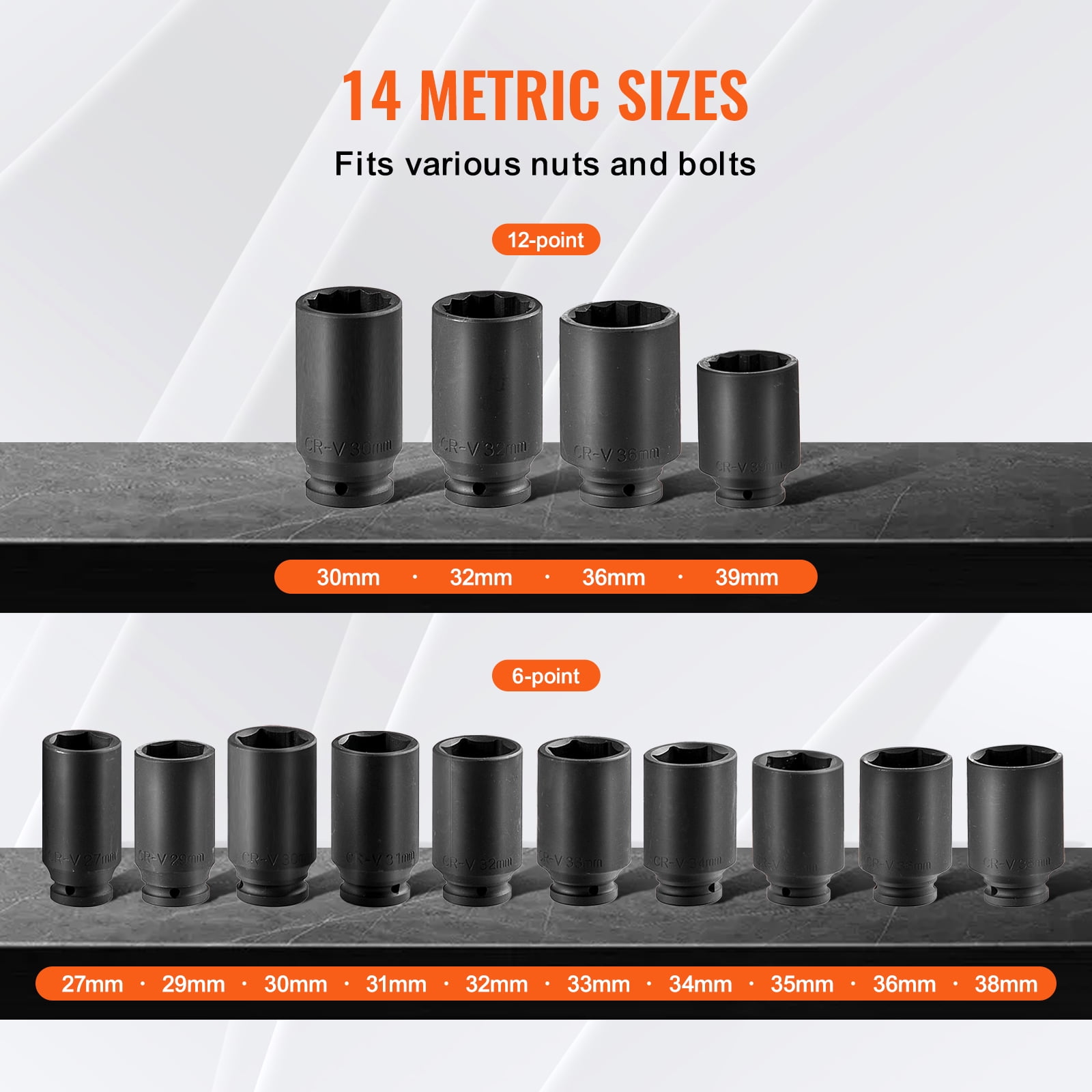VEVOR Axle Nut Impact Socket Set, 1/2" Drive Deep 6+12-Point 14-Piece Metric Spindle Nut Socket Set, CR-V Heat Treated Large Socket Set with Storage Case, Auto Repair,Removing or Installing Axle Nuts