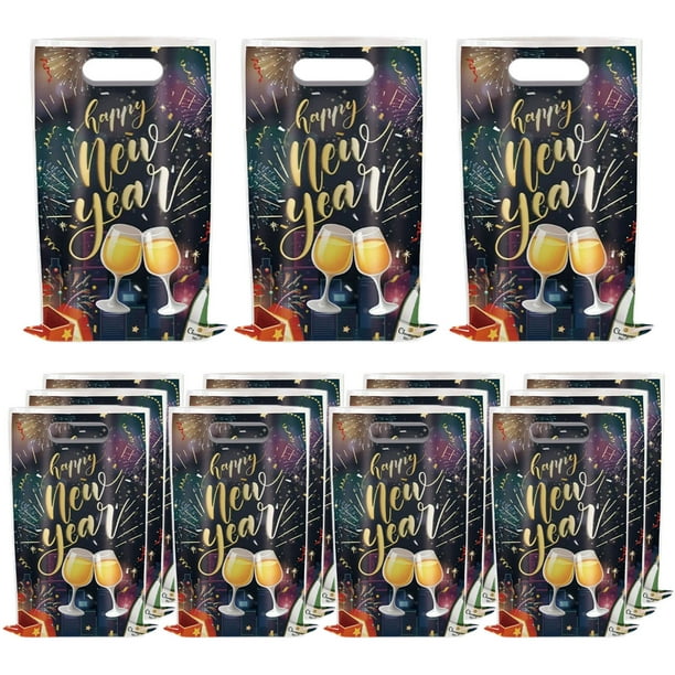 Bolsas de regalo con decoración de manzanas para Nochebuena, 20 unidades, color negro y morado, para dulces, fuegos artificiales, bolsas de plástico para fiestas de Año Nuevo, recuerdos de cumpleaños