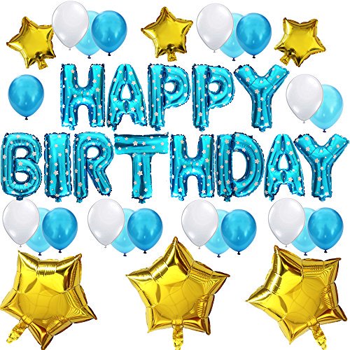 KUNgYO - Juego de decoración para fiesta de cumpleaños, pancarta con letras de globos de feliz cumpleaños, 6 estrellas doradas de Mylar, 21 globos de látex, suministros perfectos para fiestas de cumpl KUNGYO 601593094447