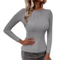 thumbnail image 2 of WNEGSTG Long Sleeve Shirts for Women Ribbed Solid Color Sweater Slim Fitted Knitted Top Pullover Grey, 2 of 3