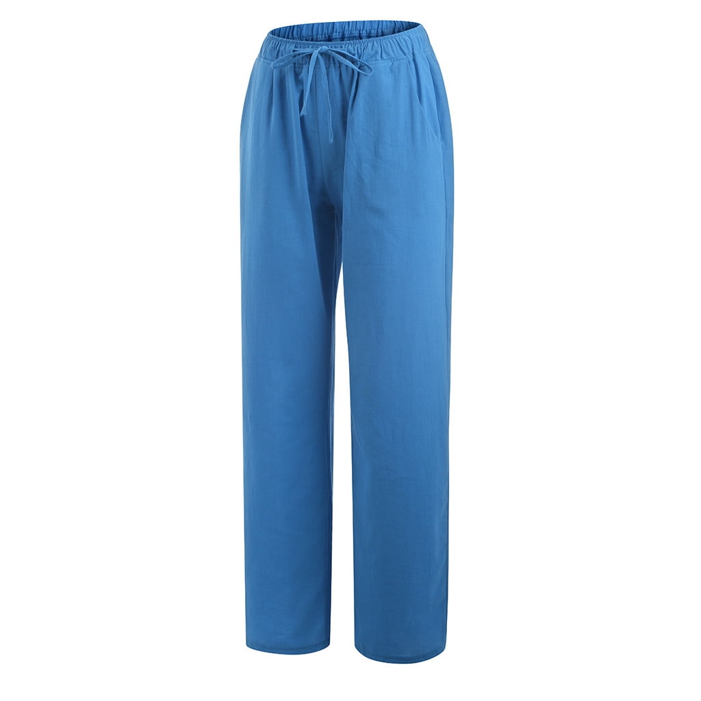 Womens Summer Pants Full Length Pants Fashion Ladies Summer Casual Loose Cotton and Linen High Waisted Trousers Solid Color Drawstring Elastic Waist Loose Long Pants with Pocket