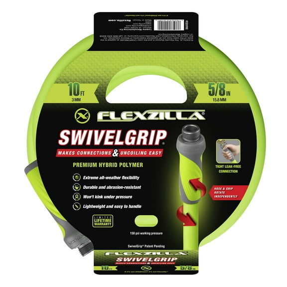 Flexzilla® SwivelGrip™ Garden Lead-in Hose, 5/8" x 10', 3/4" - 11 1/2 GHT Fittings, Flexible Hybrid Polymer, ZillaGreen™