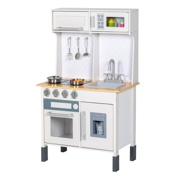 BRINJOY Kitchen Playset for Kids, Wooden Toddler Play Kitchen w/Faucet, Sink, Microwave, Oven, Apron, Cabinets, Children Pretend Play Cooking Toy Set, Gift for Girls Boys Age 3 