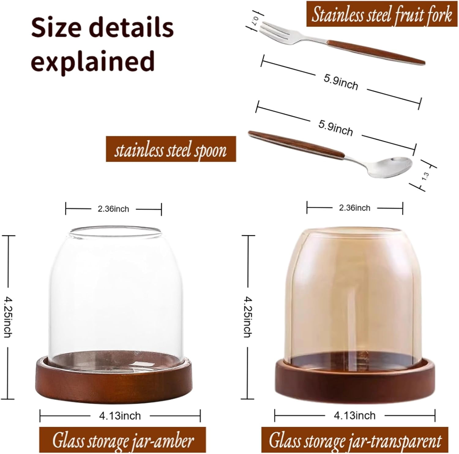 ABPETE Glass Utensil Holder With Wooden Base,Fork And Spoon Set With Wood Handles,Cutlery Caddy For Kitchen Afternoon Tea Ice Cream Cake Stainless Steel (Amber glass-spoon)