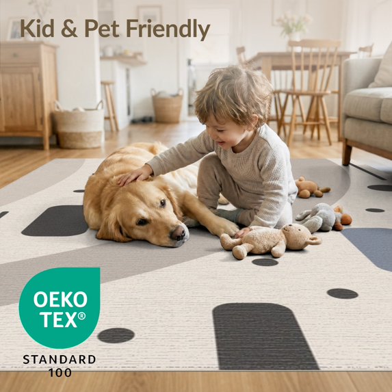 ODIKA 2'x3' Beige Natural Sky Abstract Geometric Washable Accent Rug Contemporary Curved Lines Dots Rectangles for Bedroom, Nursery, RV, Pet Friendly, Bedside Mat
