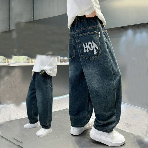 Boy's Baggy Cargo Jeans Loose Fit Skateboard Denim Pants Streetwear Machine Washable Vintage Plain Pants Multiple Pockets for Boys