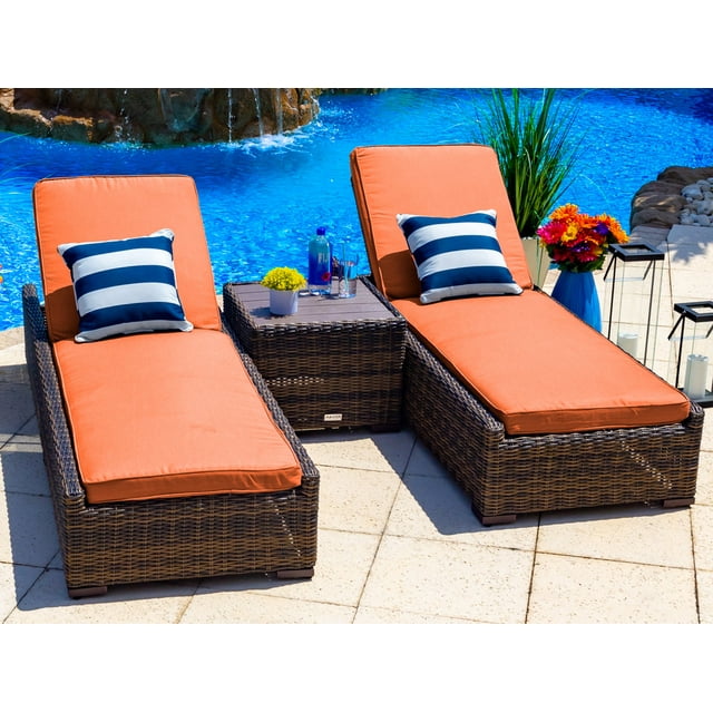 Tuscany 3-Piece Resin Wicker Outdoor Patio Furniture Chaise Lounge Set with Two Chaise Lounge Chairs and Side Table (Half-Round Brown Wicker, Sunbrella Canvas Tuscan)