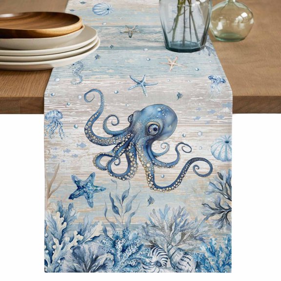 Blue Coastal Octopus Table Runner 60 Inches, Summer Vintage Ocean Sea Coral Shells Bed Runner Dresser Scarves Tabletop for Indoor Outdoor Parties/Ceremony/Banquet, 13" x 60"