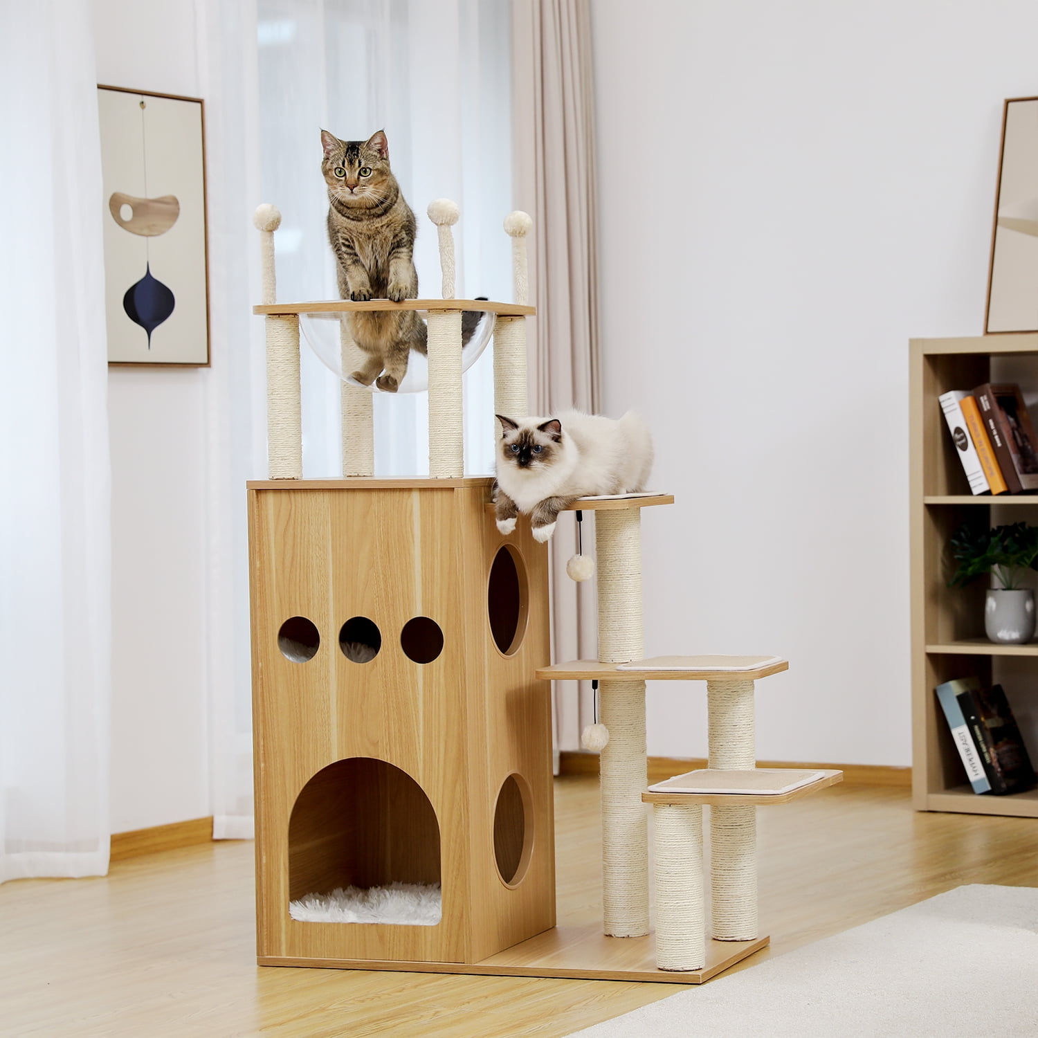 Pefilos 51" Modern Wooden Cat Tree House for Large Cats Multi-Level Cat Tower With Fully Sisal Covering Scratching Posts, Deluxe Condos for Indoor Cats And Large Space Capsule Nest Pefilos 51" Modern Wooden Cat Tree House for Large Cats Multi-Level Cat Tower With Fully Sisal Covering Scratching Posts, Deluxe Condos for Indoor Cats And Large Space Capsule Nest