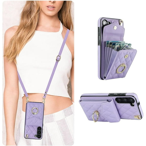 XIHAMA Crossbody Wallet Case Compatible for Galaxy S24 FE, PU Leather Phone Case with RFID Blocking Card Slots Holder Ring Kickstand Wrist Strap Lanyard Handbag Purse Cover for Galaxy S24 FE