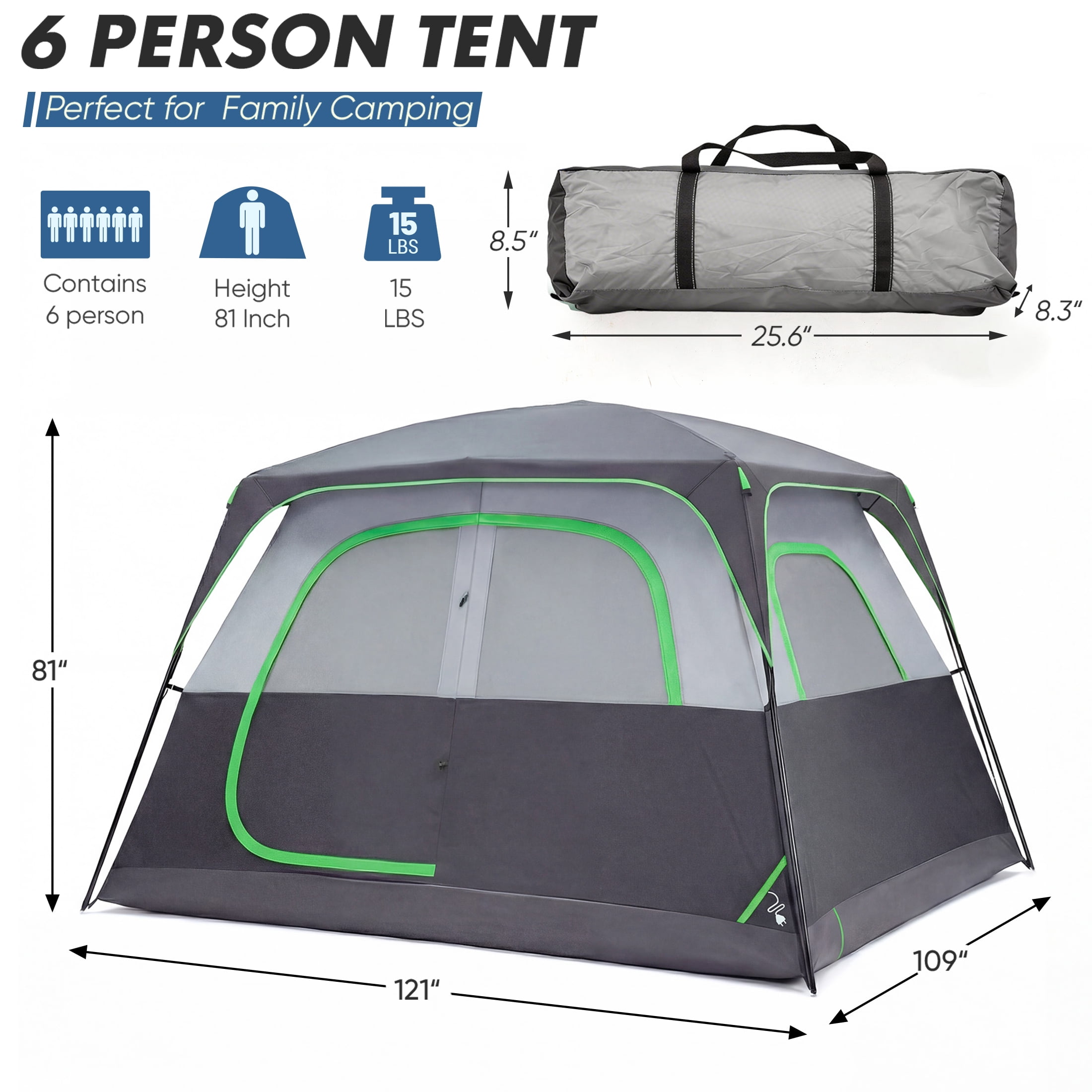 EDX 6 Person Waterproof & Windproof Family Camping Tent with Large Interior, Easy Setup Cabin Tent with Mesh Windows & Skylights, Portable Outdoor Tent for Car Camping, Hiking, Fishing, Gray