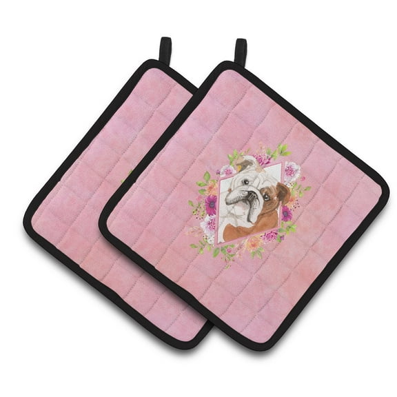 Carolines Treasures CK4240PTHD English Bulldog Pink Flowers Pair of Pot Holders, 7.5HX7.5W, multicolor