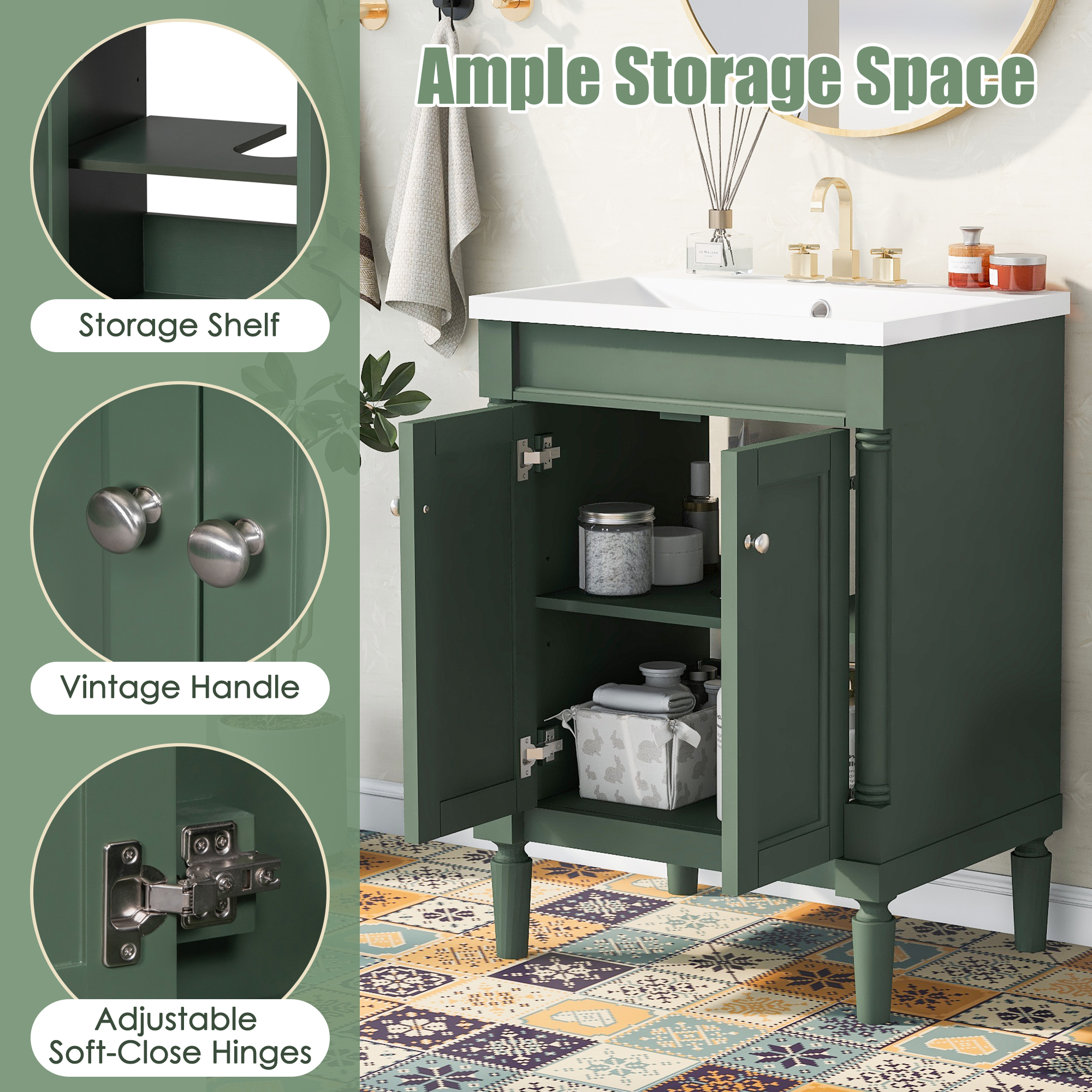 Rugerasy 24" Bathroom Vanity With Sink Modern 2-Tier Bathroom Storage locker With Double Door Single Sink Bathroom Vanity For Home Hotel