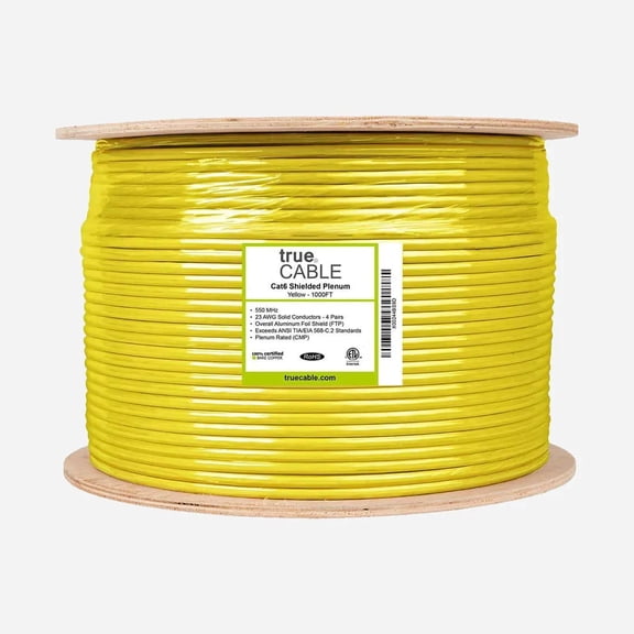 trueCABLE Cat6 Plenum Shielded Ethernet Cable 1000ft CMP 23AWG Solid Copper 550MHz Yellow