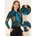 thumbnail image 2 of Blusa de satén de manga larga con cuello anudado en contraste floral para mujer Azul marino XS, 2 of 4