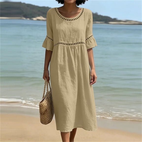 Kilaqueen Cotton Linen Dresses for Women, Half Sleeve Round Neck Empire Waist Loose Midi Summer Dress for Beach Vacation Brunch and Casual Daily Wear