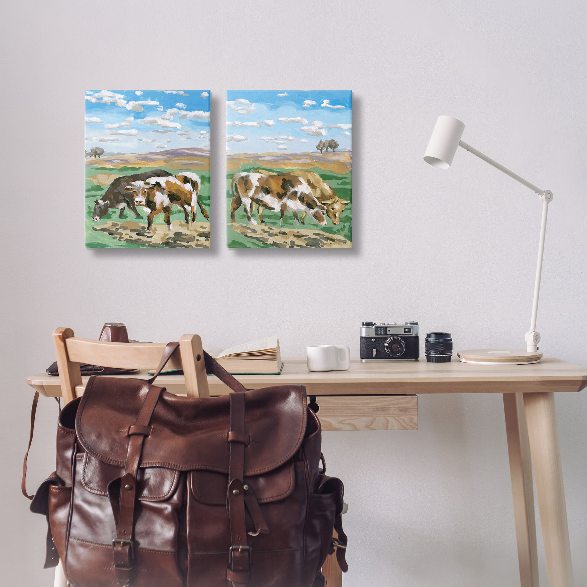 Stupell Industries Cows Grazing in Field Animals Painting Wrapped Canvas Art Print Wall Art, 16 x 20, Set of 2