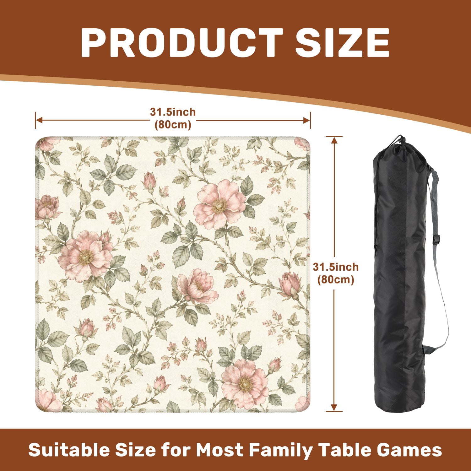 Mahjong Mat 31.5" x 31.5" Vintage Pink Floral Rose Soft Green Leaves Cream Non-Slip Noise Reduction American Mahjong Tiles Table Cover for Dominoes Poker Card Board Games Gift