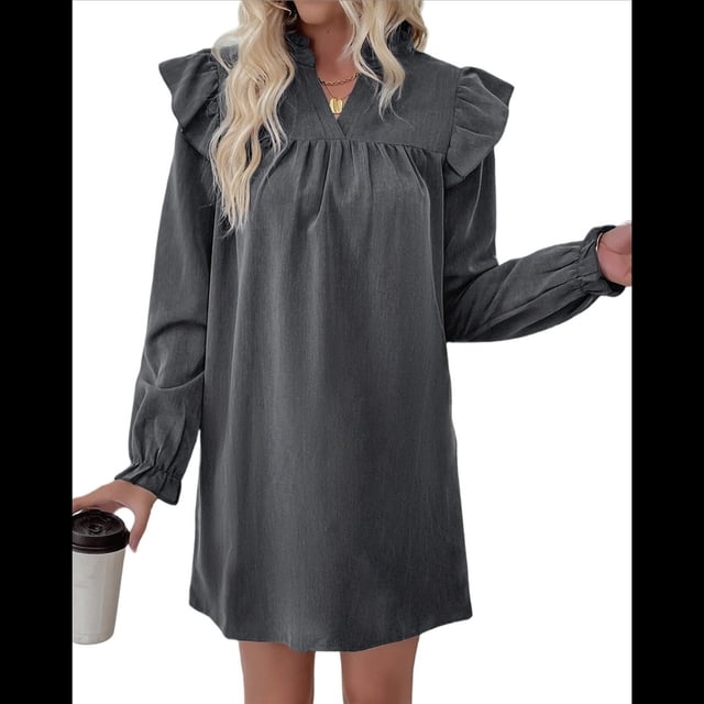 Vestido de Mujer de Larga con Cuello Alto Holgado y Costuras con Volantes Gris Oscuro L