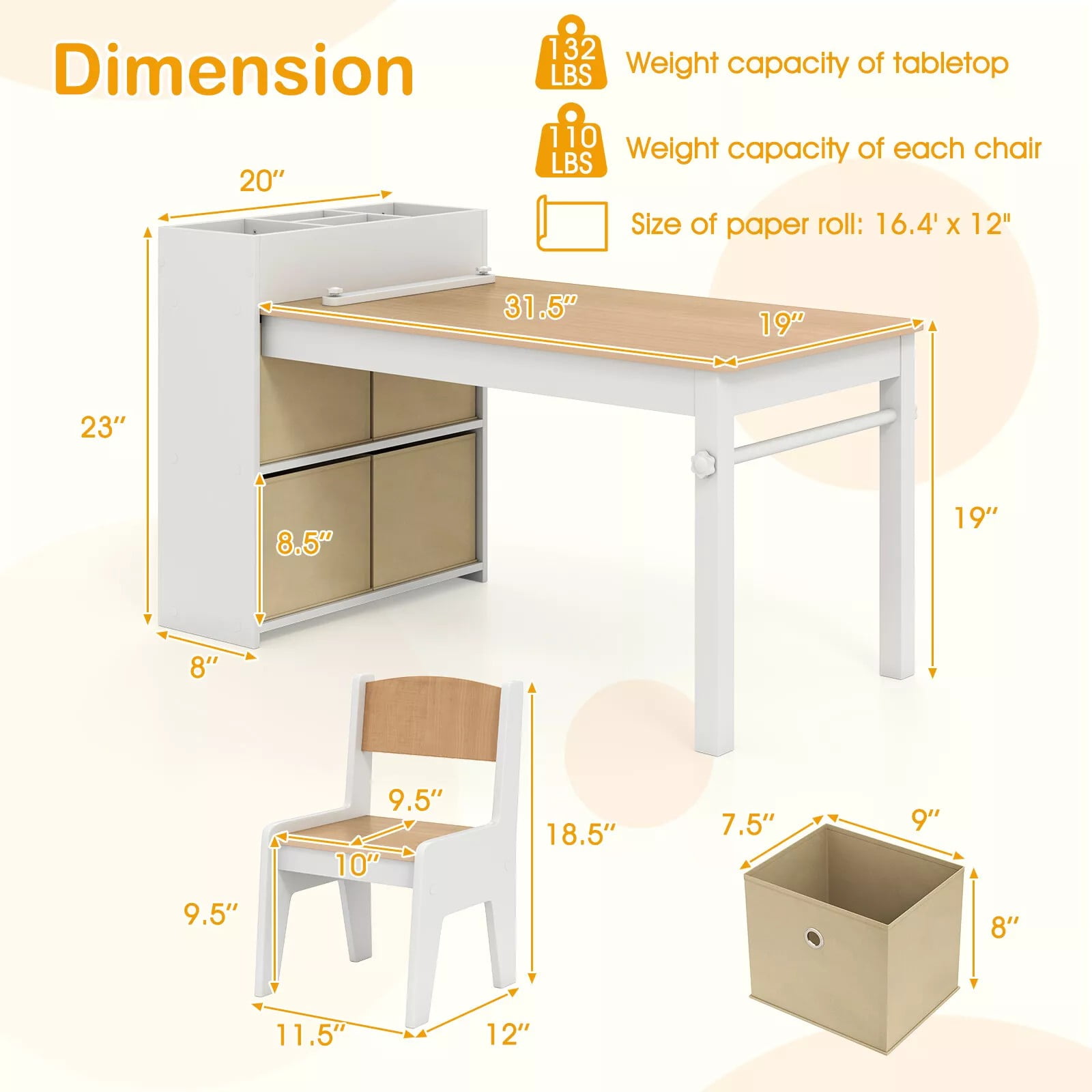 Auranook Kids Art Table and Chairs Set, Drawing Table with 2 Chairs, Storage Compartments & Open Shelves, 4 Fabric Bins