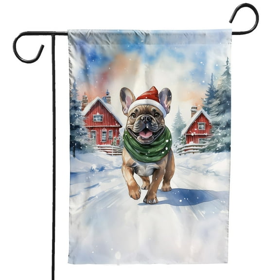 Hello Winter French Bulldog Frosty Morning Walk Welcome Snowy Christmas Garden Flag 12x18in Double Sided Dog Lover Gifts Outdoor Decor - 02018