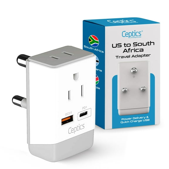 Ceptics South Africa Power Plug Adapter Travel QC 3.0 & PD, Safe Dual USB & USB-C - 2 USA Socket Compact & Powerful - Use in S. Africa Botswana - Type M AP-10L - Fast Charging