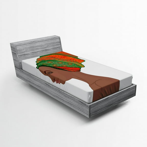 Ambesonne African Fitted Sheet, Young Afro Beauty, Twin Size, Scarlet Green Chocolate