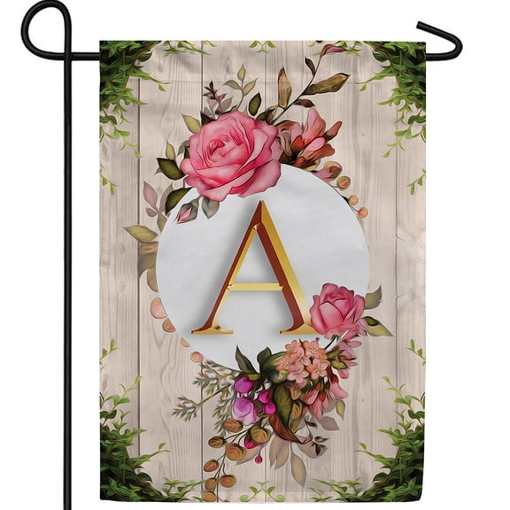 America Forever Spring Monogram Garden Flag Letter A 12.5 x 18 inches Double Sided Vertical Outdoor, Yard, Lawn, Beautiful Flowers, Floral Design, Leaves, Pink Rose Garden Flag