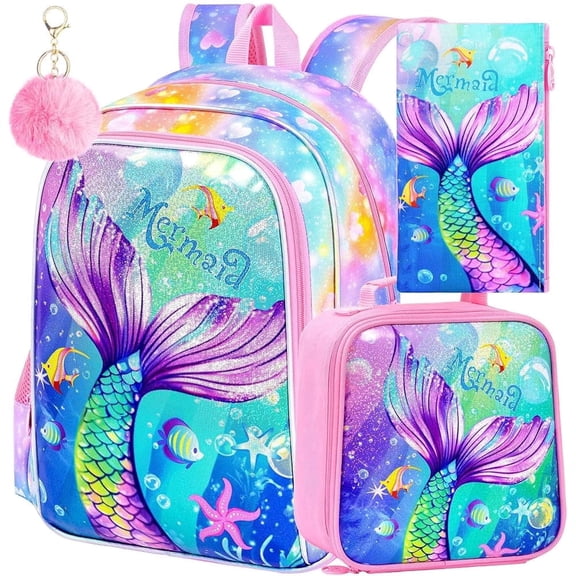 3Pcs Mermaid Backpack for Girls, 16" Kids Bookbag with Lunch Box，School Backpacks for Elementary Preschool Kindergarten (Pink)