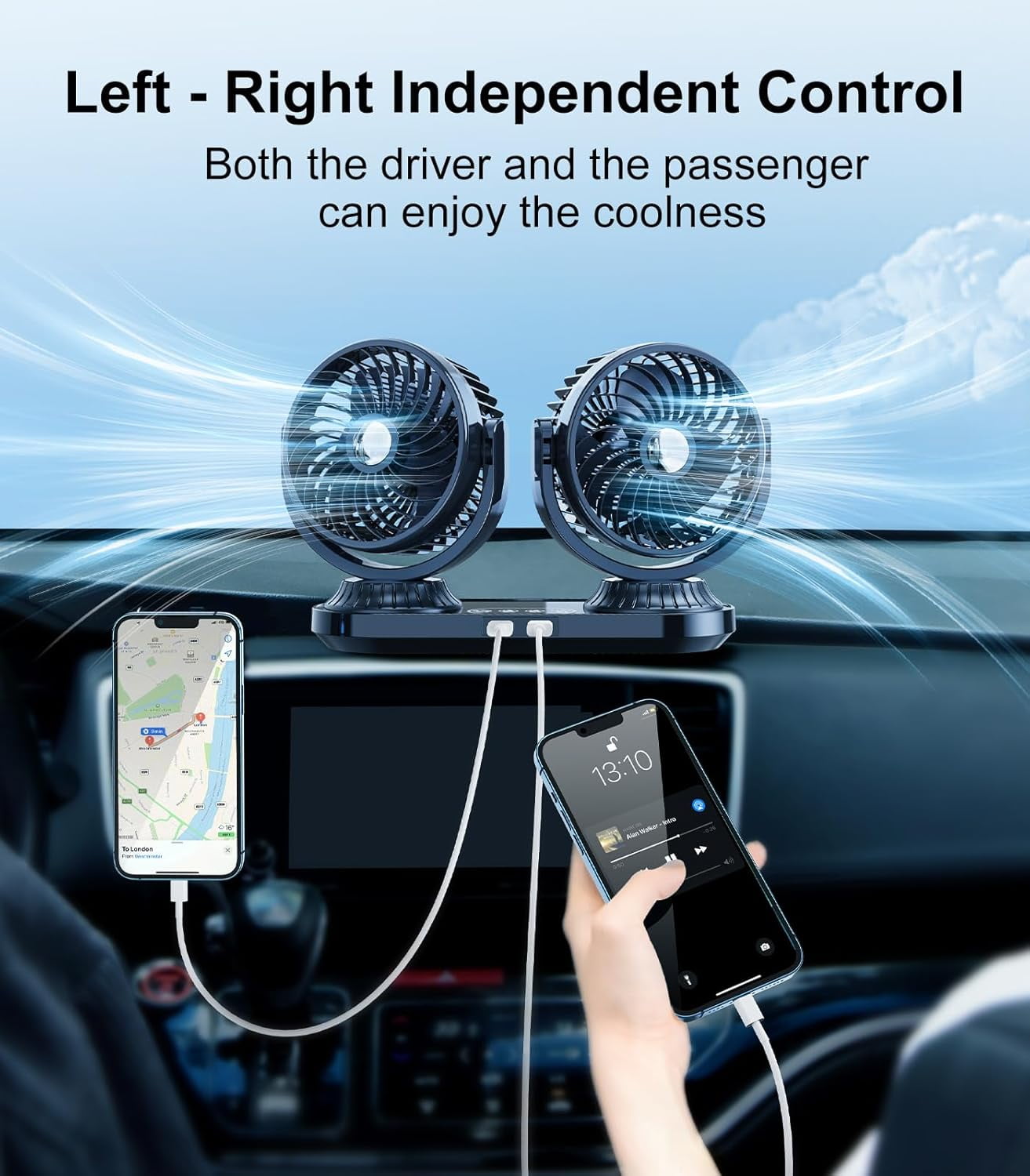 Car Cooling Fan, Dual Head Auto Oscillating Car Cooling Fan for Dashboard, DC 12V/24V Cigarette Lighter Powered 3 Speeds Vehicle Fan, Comes with 2 USB Charging Ports for Sedan Suv Rv Van Truck