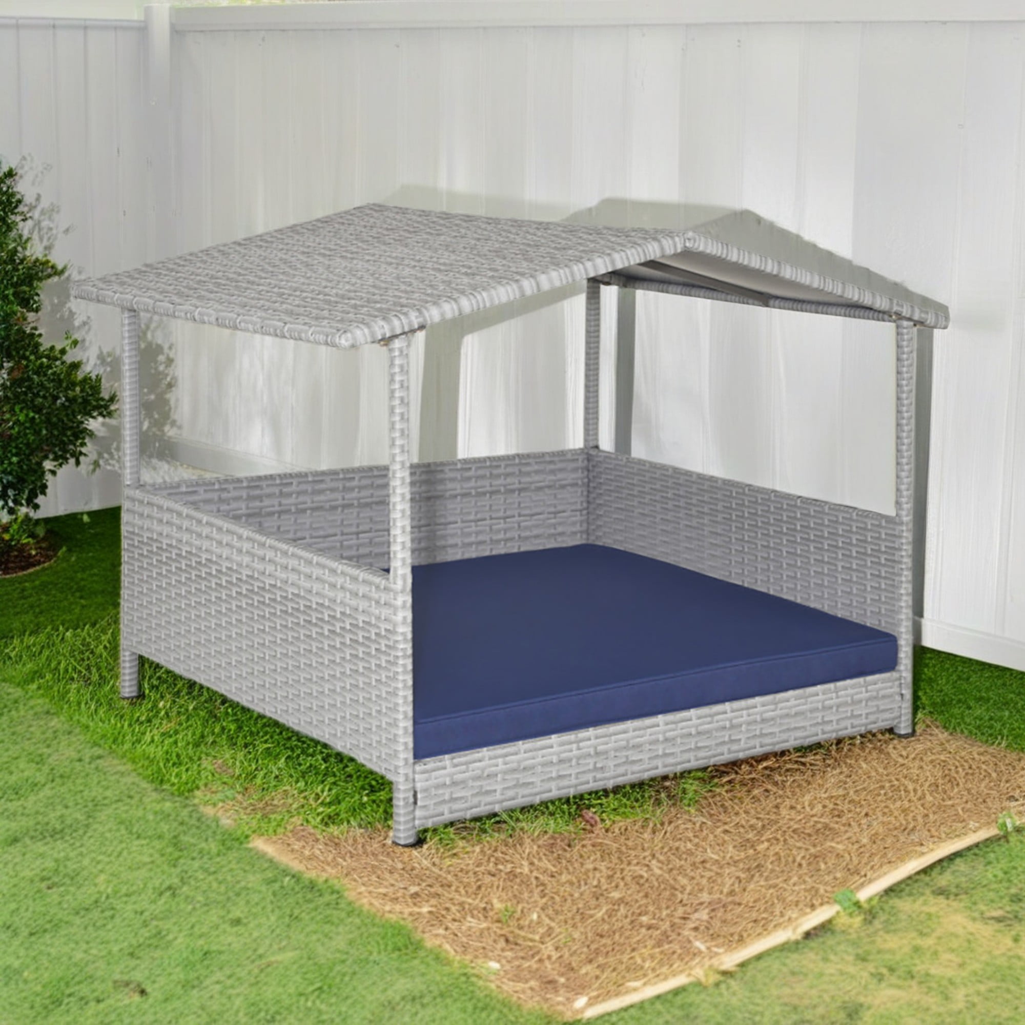 Kadyn 38" Pet Bed for Cat and Dog with Cushion Cover, Outdoor Weatherproof Roof PE Wicker Dog House Furniture, Dog Bed with Canopy, Gray