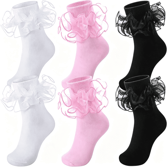 TELOLY 3 Pairs Women Big Ruffle Socks Turn Cuff, Double Lace Ankle Cotton Frilly Socks for Ladies Summer, Classic White Ruffle Socks