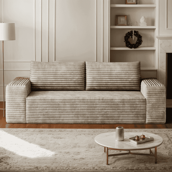 71" Corduroy Boneless Couch, 3-Seater Compression Sofa with 2 Throw Pillows, No Assembly Required, Comfy Loveseat Sofa in a Box, Deep Seat, Modern Couches for Living Room