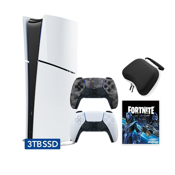 PlayStation 5 Slim Digital 3TB SSD Fortnite Cobalt Star Console with Two Controllers, White and Gray Camouflage DualSense and Hard Shell Protective Controller Case - PS5 Slim Digital Console