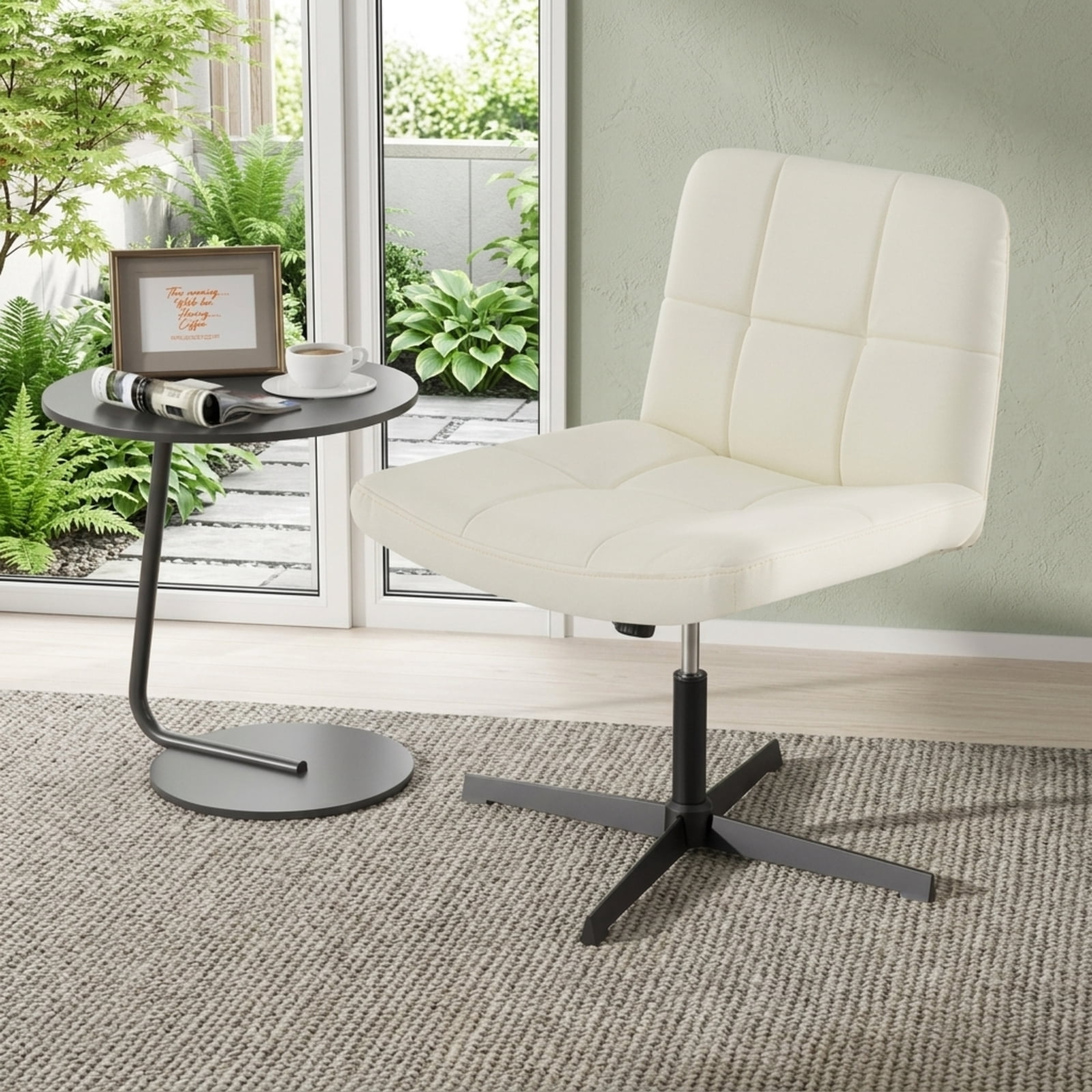 Furnibear PU Leather Upholstered Cross Legged Armless Office Chair with Oversized U Shaped Seat Swivel Rolling Vanity Desk Chair, Beige